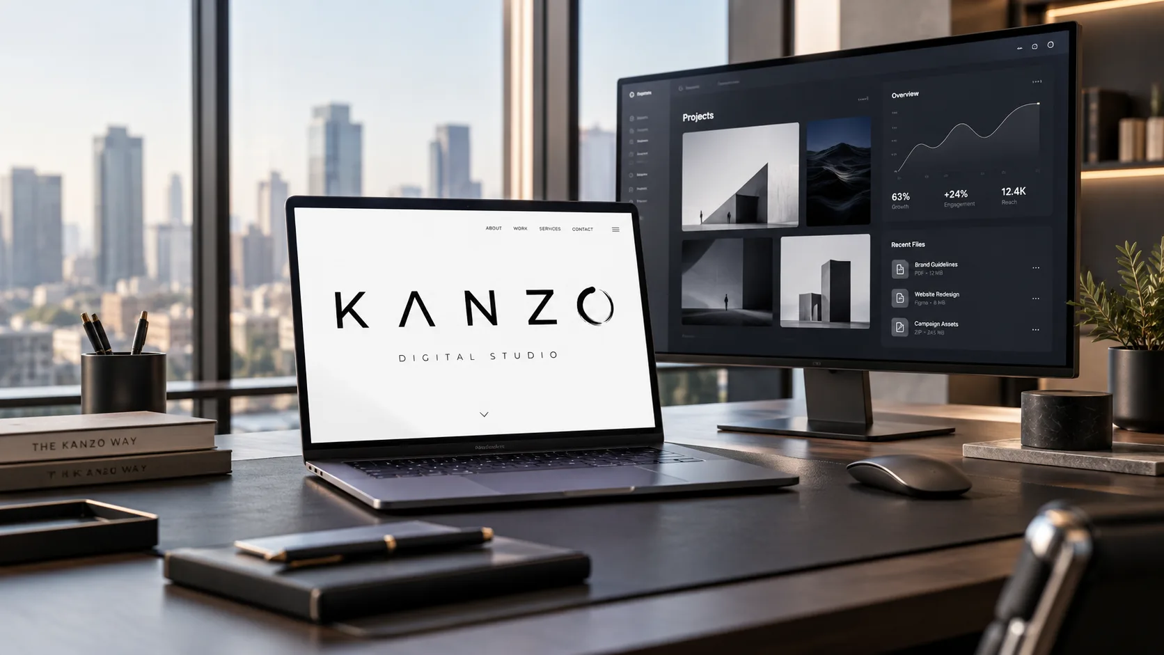 KANZO website open on a laptop in a studio overlooking the city