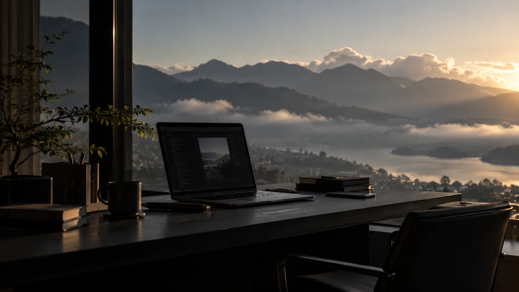 Estación de trabajo con una laptop abierta frente a un paisaje de montaña
