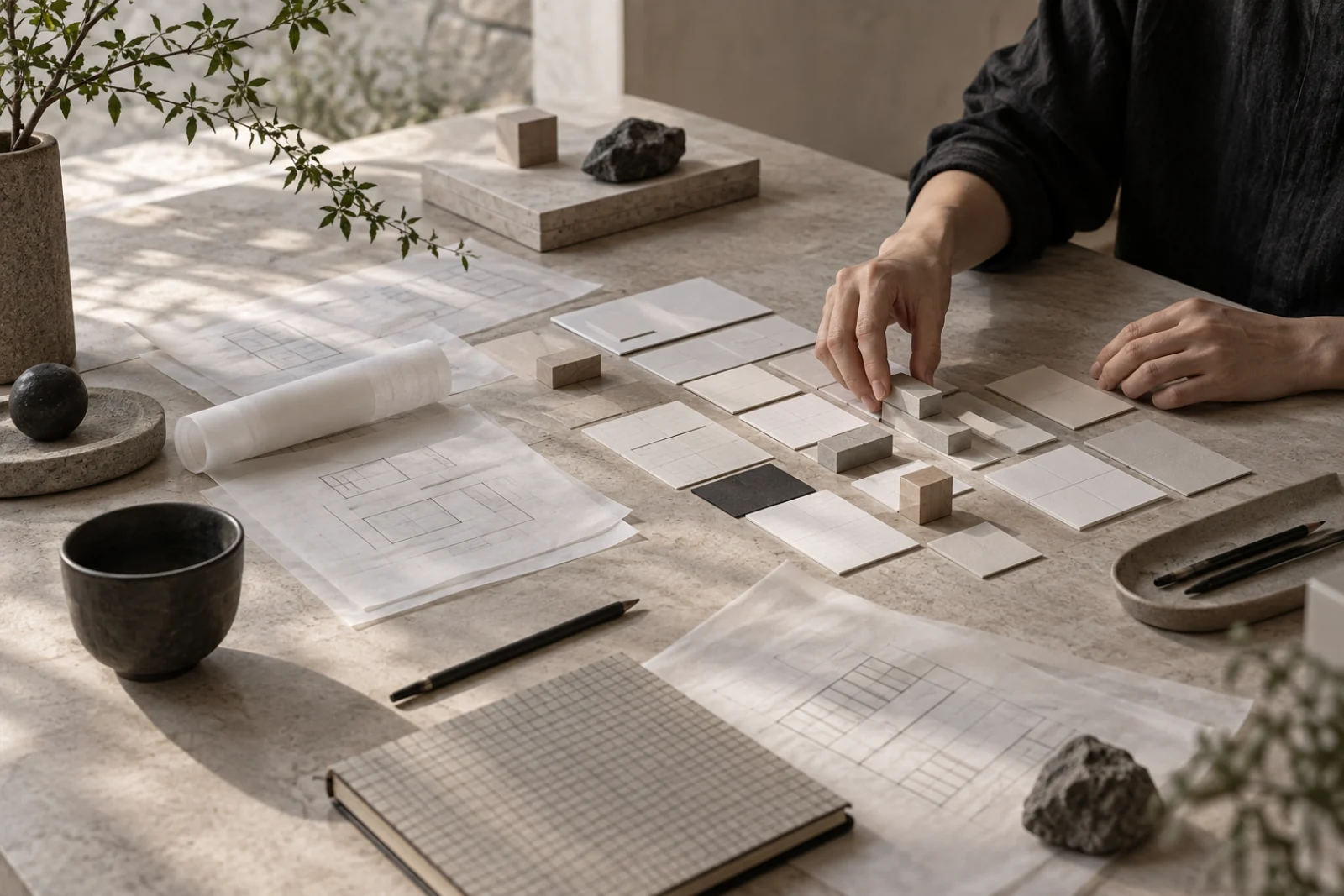 Modular prototypes being refined on a studio worktable