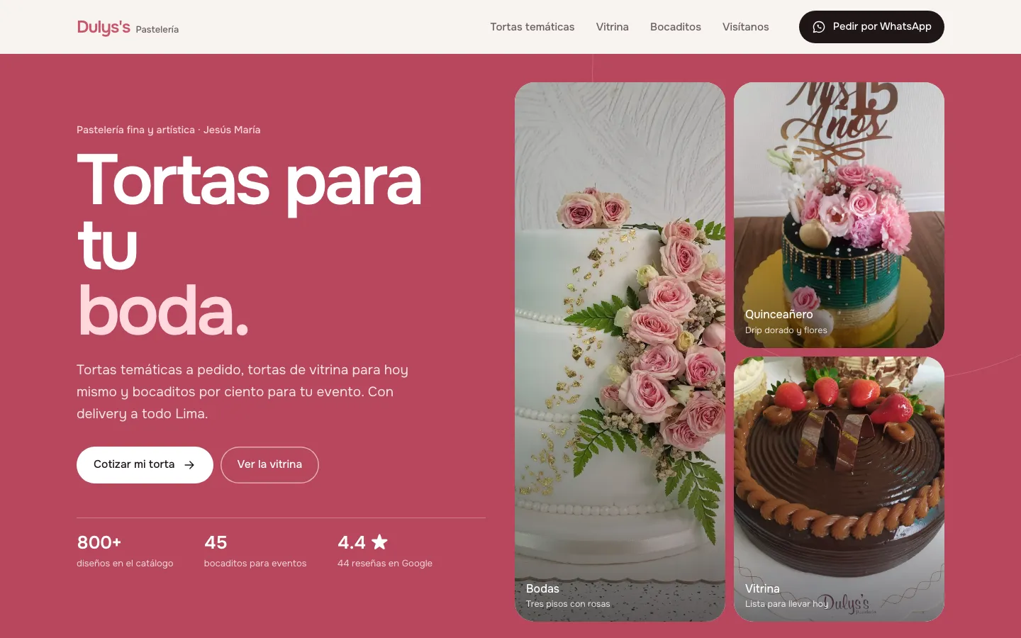 Portada de la pastelería Dulys con tortas de boda
