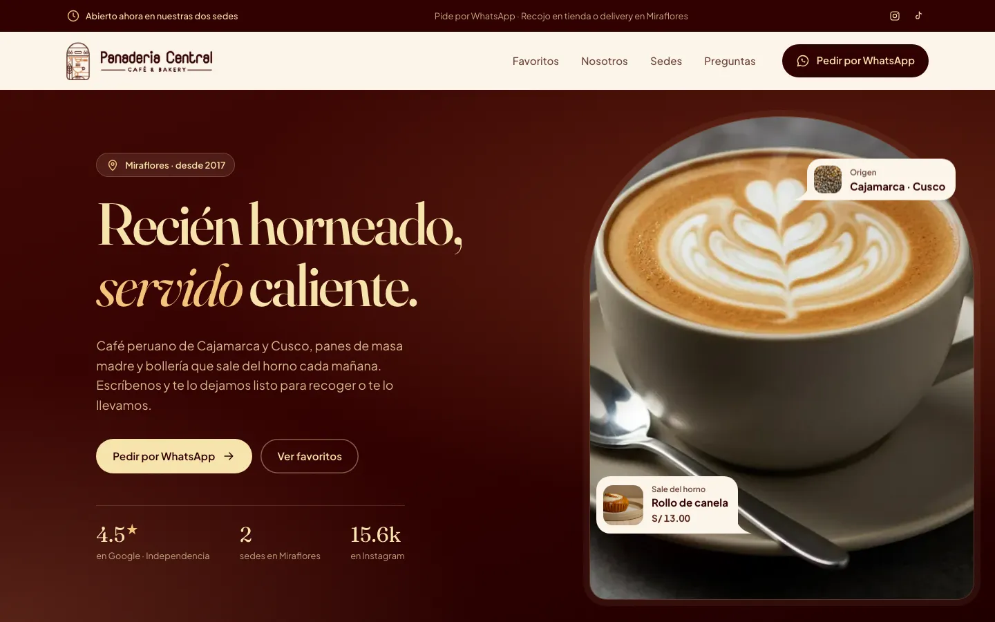 Portada de Panadería Central con un café con leche