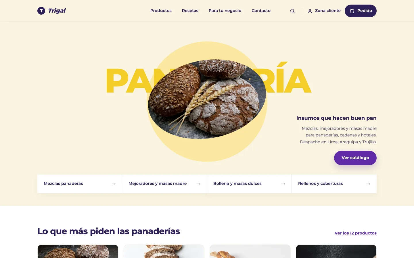 Portada de la tienda Trigal con panes rústicos sobre un círculo amarillo